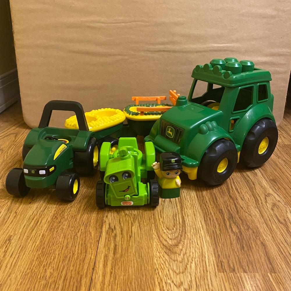 3 John Deere Tractors And Farmer Boy's Mega Bloks Fisher Price Toy Bundle